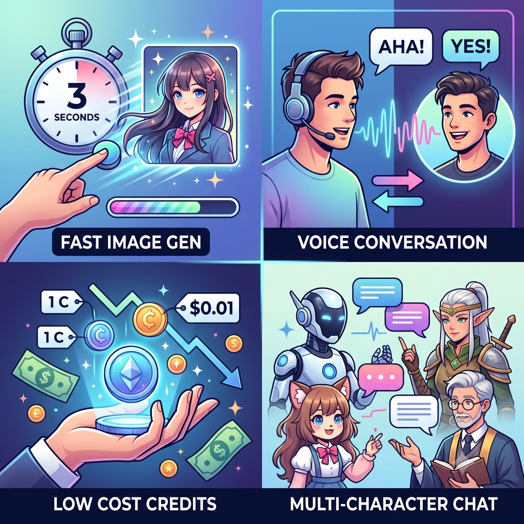 NovelMaker AIチャットの強み:高速画像生成、音声会話、記憶、低コスト、複数キャラチャット